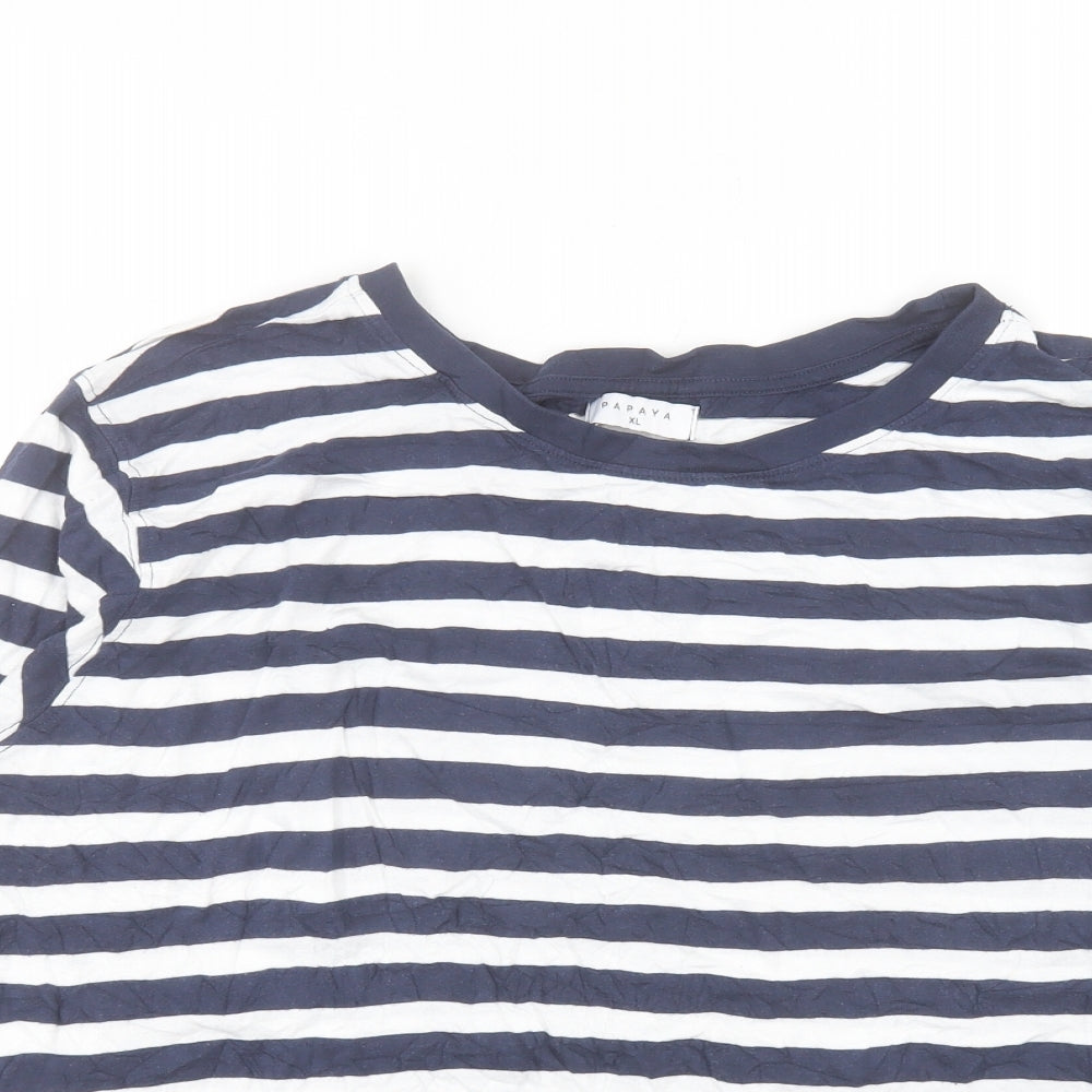 Papaya Womens Blue Striped Cotton Basic T-Shirt Size XL Crew Neck