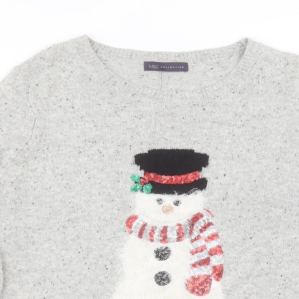 Marks and Spencer Womens Grey Crew Neck Cotton Pullover Jumper Size 16 - Snowman