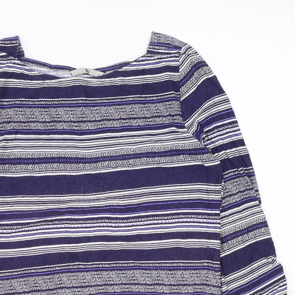 TU Womens Blue Striped Viscose Basic T-Shirt Size 12 Round Neck