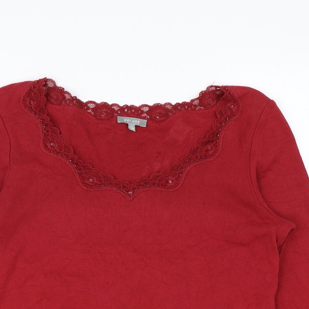 Per Una Womens Red Cotton Basic T-Shirt Size 14 Round Neck