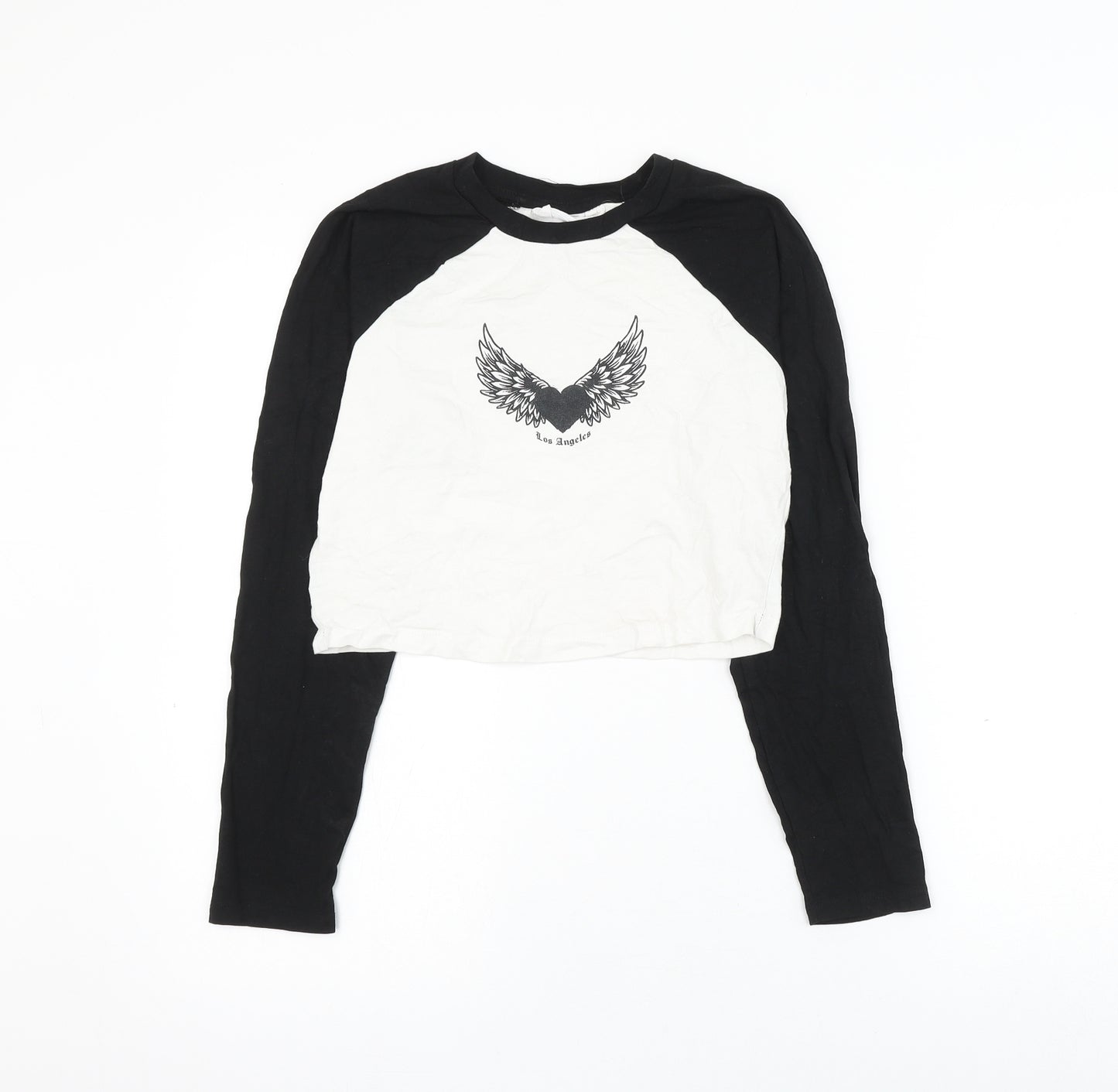 Primark Womens White Colourblock Cotton Cropped T-Shirt Size 6 Round Neck - Los Angeles Heart