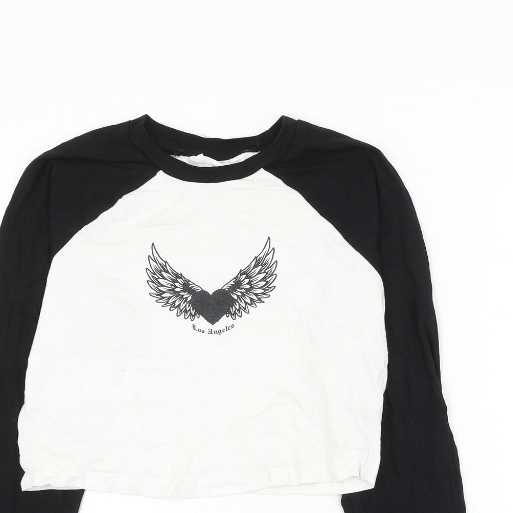 Primark Womens White Colourblock Cotton Cropped T-Shirt Size 6 Round Neck - Los Angeles Heart