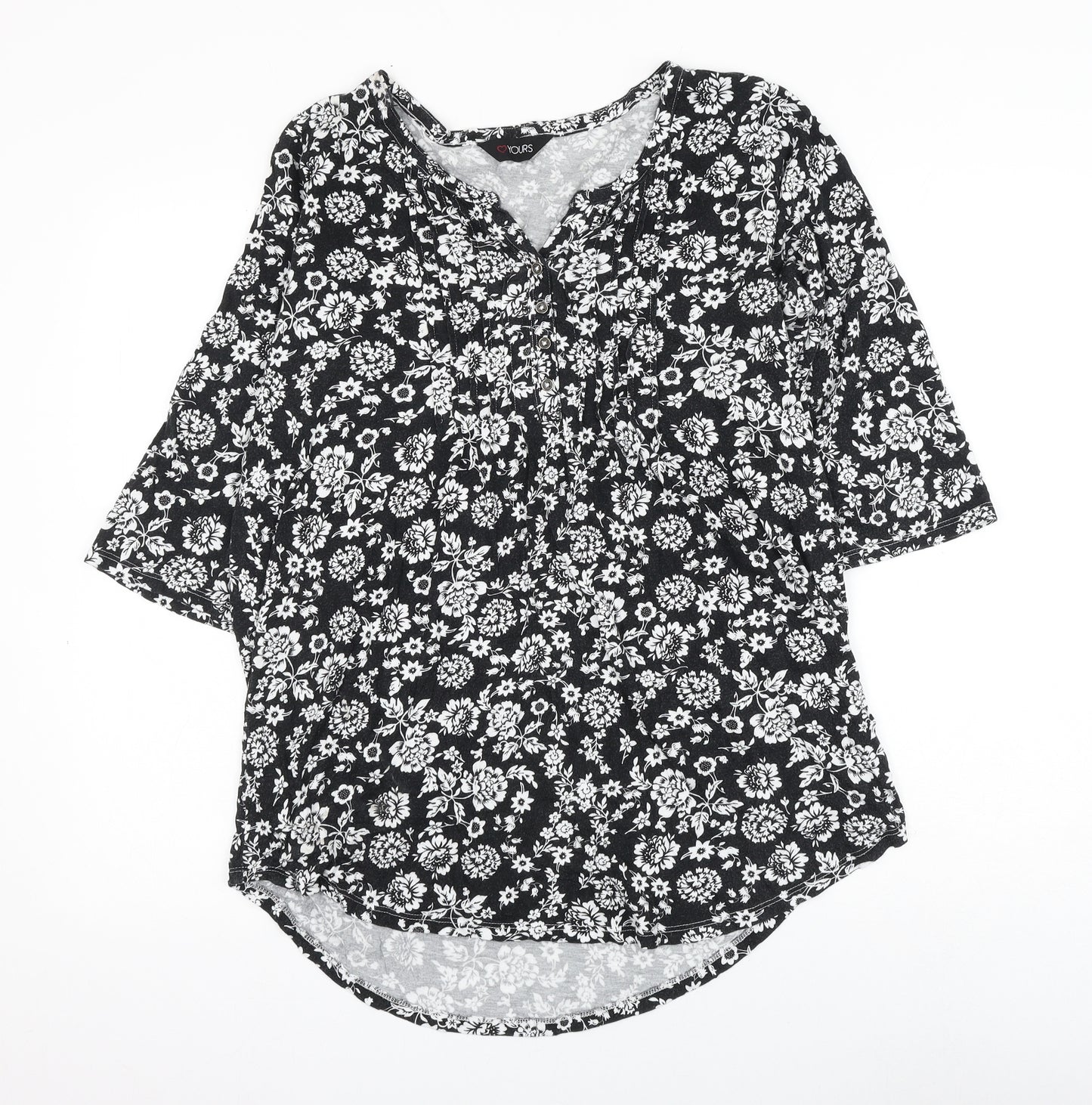 Yours Womens Black Floral Cotton Basic Blouse Size 16 V-Neck
