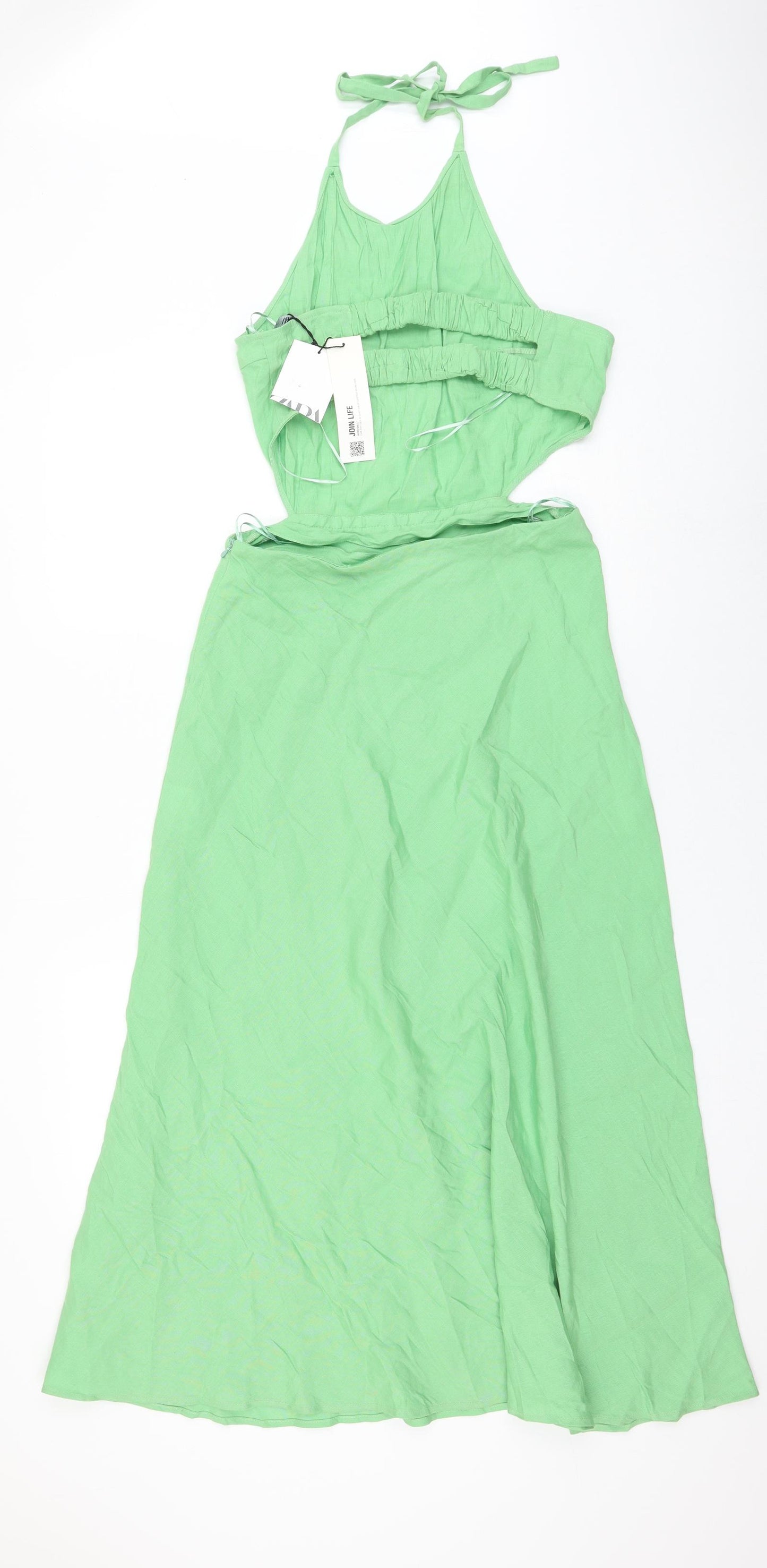Zara Womens Green Linen A-Line Size M Halter Zip