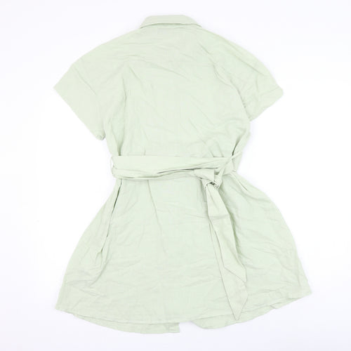 Zara Womens Green Linen Shift Size XS Collared Button