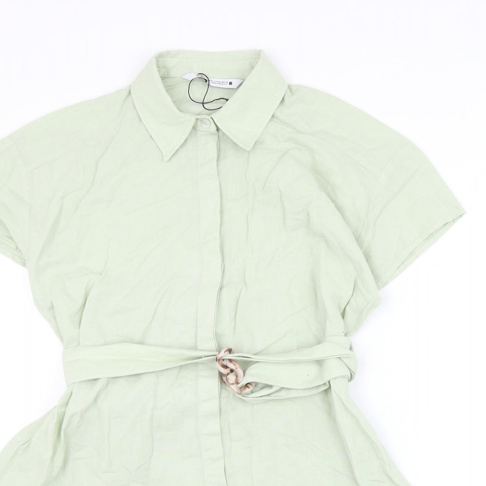 Zara Womens Green Linen Shift Size XS Collared Button