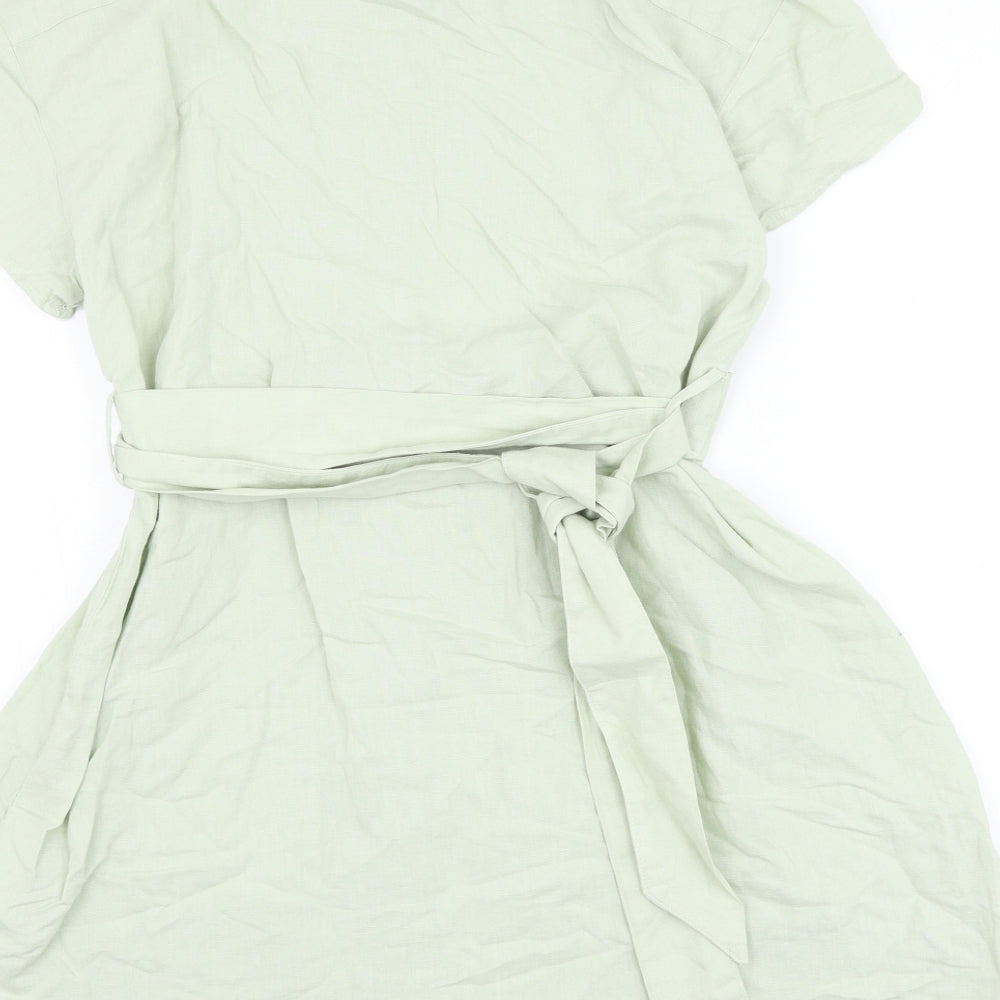 Zara Womens Green Linen Shift Size XS Collared Button