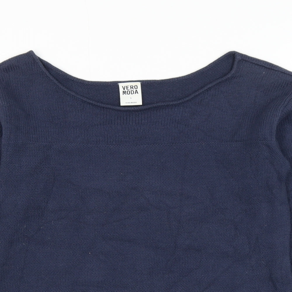 VERO MODA Womens Blue Boat Neck Cotton Pullover Jumper Size S