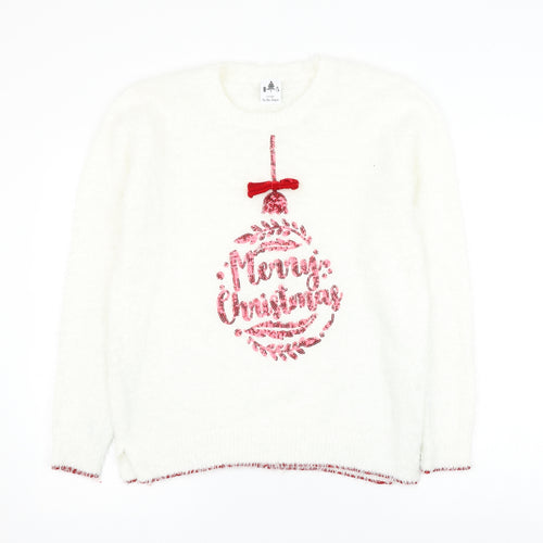 George Womens White Round Neck Polyester Pullover Jumper Size 12 - Christmas