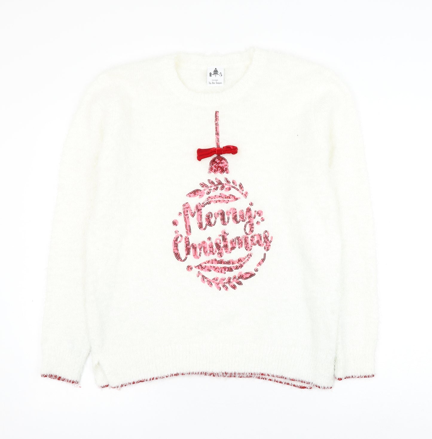 George Womens White Round Neck Polyester Pullover Jumper Size 12 - Christmas