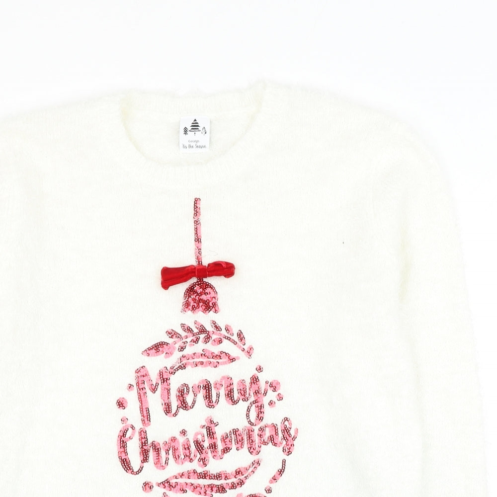 George Womens White Round Neck Polyester Pullover Jumper Size 12 - Christmas