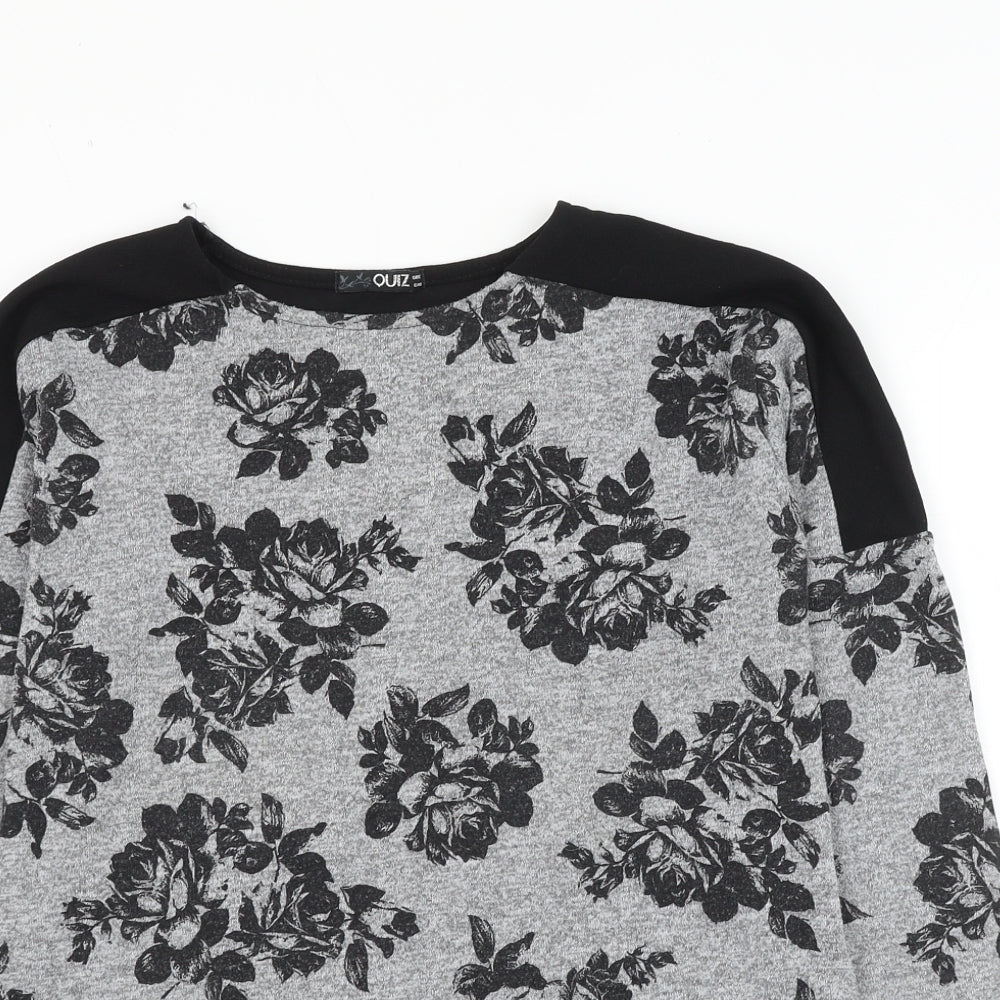 Quiz Womens Grey Round Neck Floral Polyester Pullover Jumper Size 12