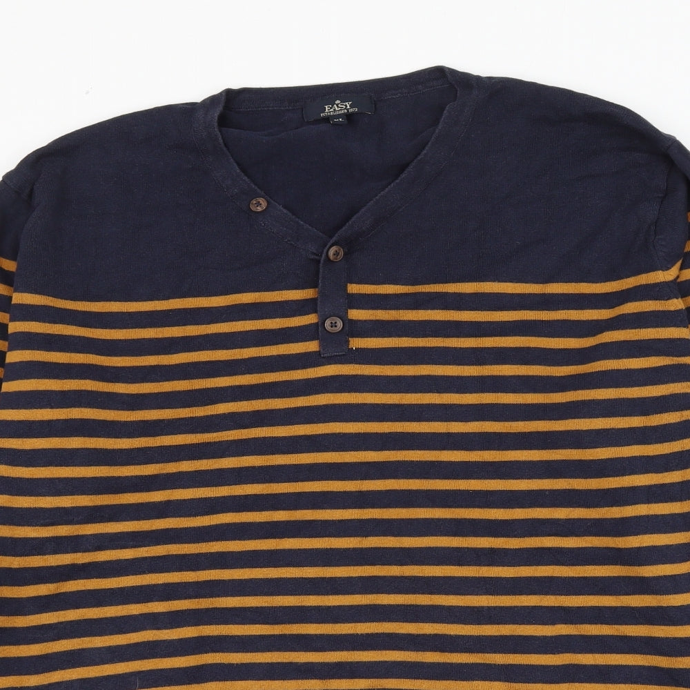 Easy Mens Blue V-Neck Striped Cotton Pullover Jumper Size XL