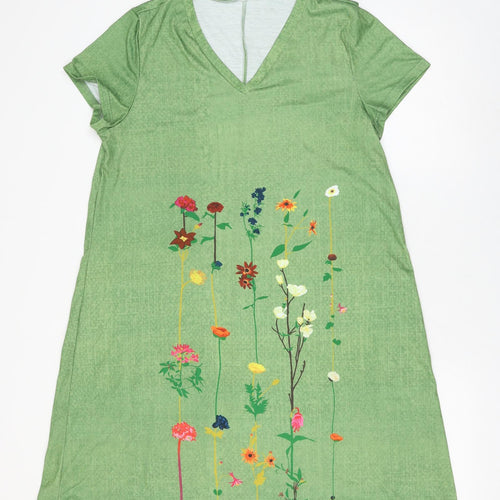 prew Womens Green Floral Polyester Shift Size L V-Neck Pullover