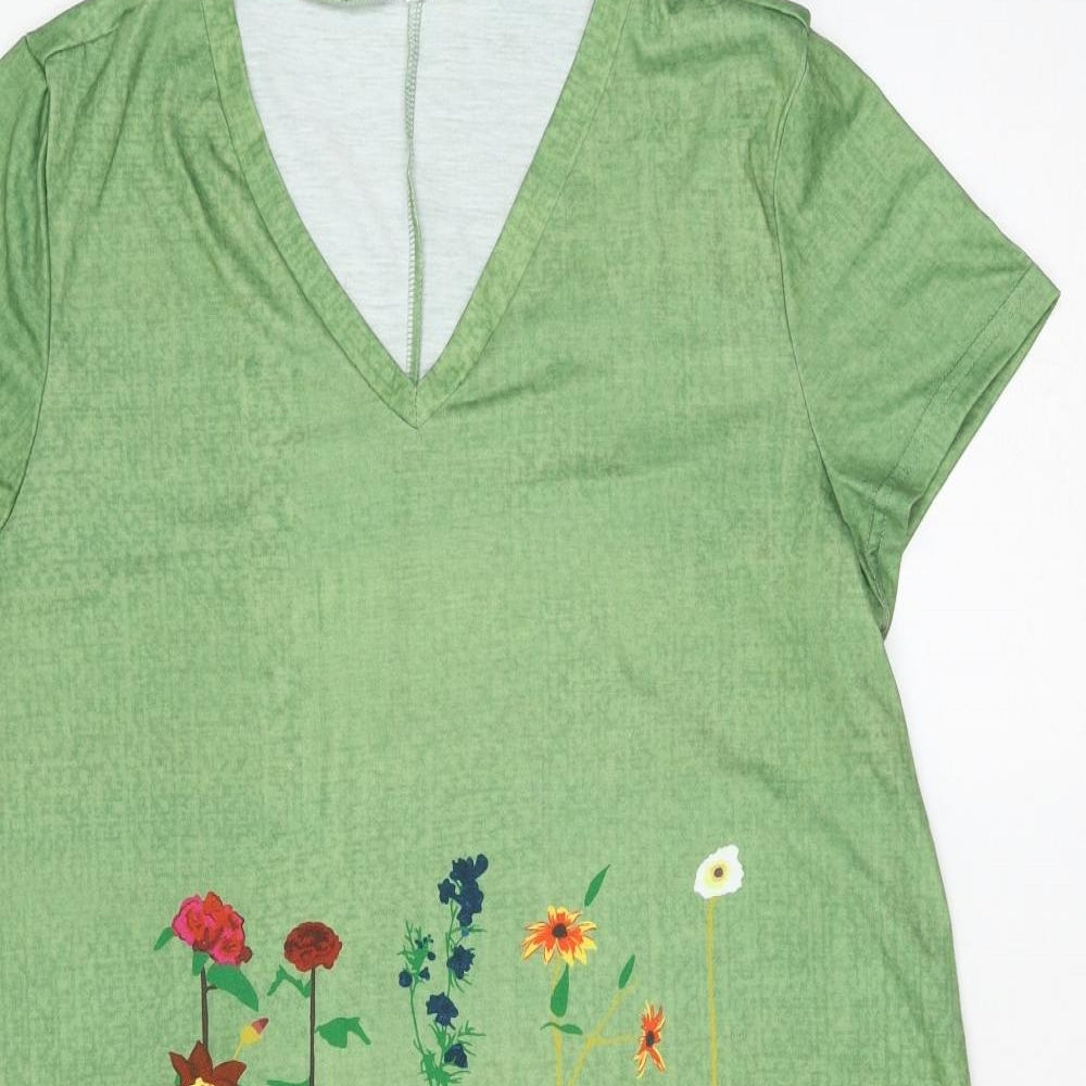 prew Womens Green Floral Polyester Shift Size L V-Neck Pullover