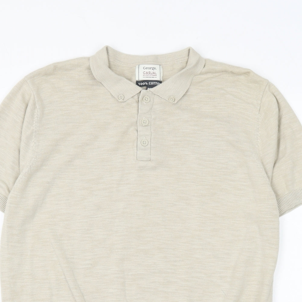 George Mens Beige Cotton Polo Size M Collared Button