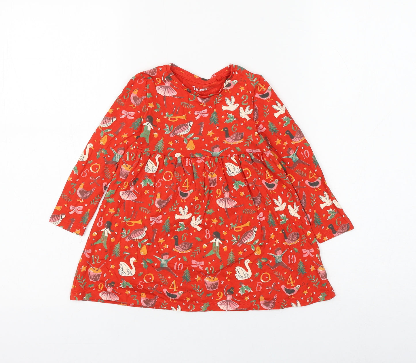 TU Girls Red Geometric Cotton Skater Dress Size 18-24 Months Round Neck Pullover - Christmas