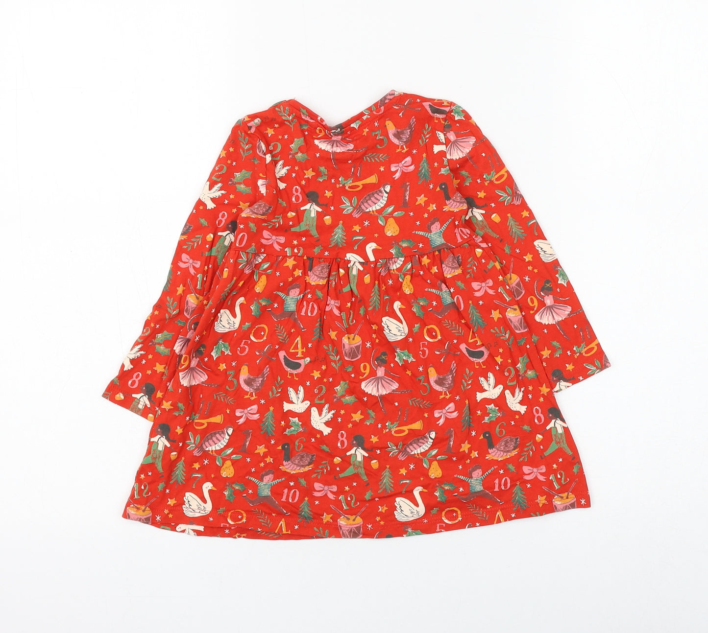 TU Girls Red Geometric Cotton Skater Dress Size 18-24 Months Round Neck Pullover - Christmas