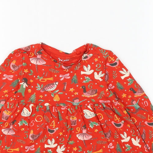 TU Girls Red Geometric Cotton Skater Dress Size 18-24 Months Round Neck Pullover - Christmas