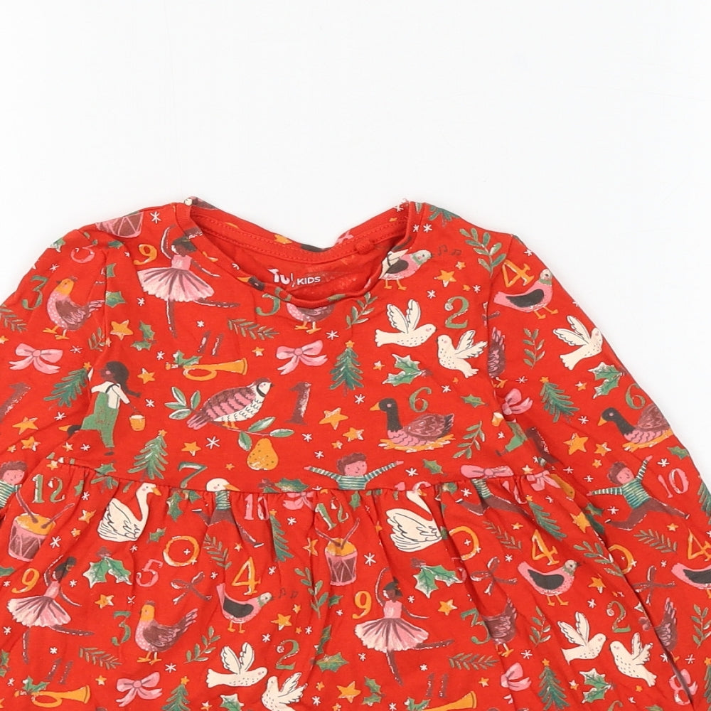 TU Girls Red Geometric Cotton Skater Dress Size 18-24 Months Round Neck Pullover - Christmas