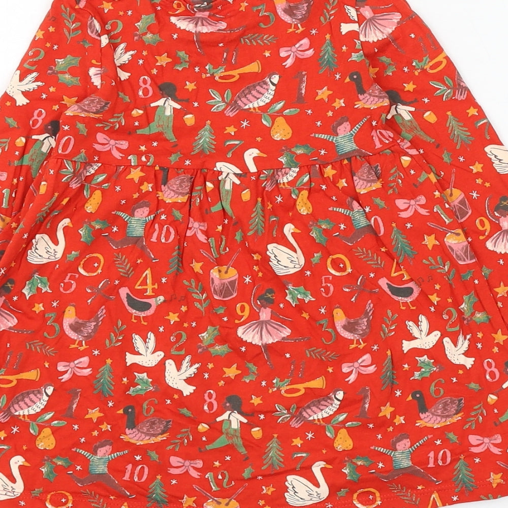 TU Girls Red Geometric Cotton Skater Dress Size 18-24 Months Round Neck Pullover - Christmas