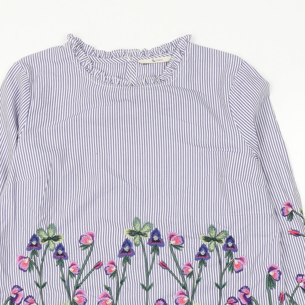 TU Womens Blue Striped Cotton Basic Blouse Size 8 Round Neck - Flower