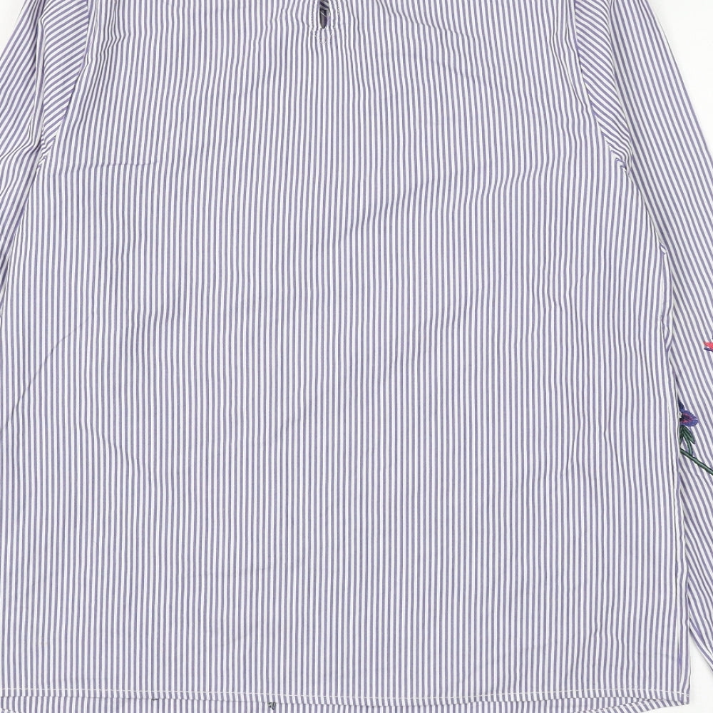 TU Womens Blue Striped Cotton Basic Blouse Size 8 Round Neck - Flower