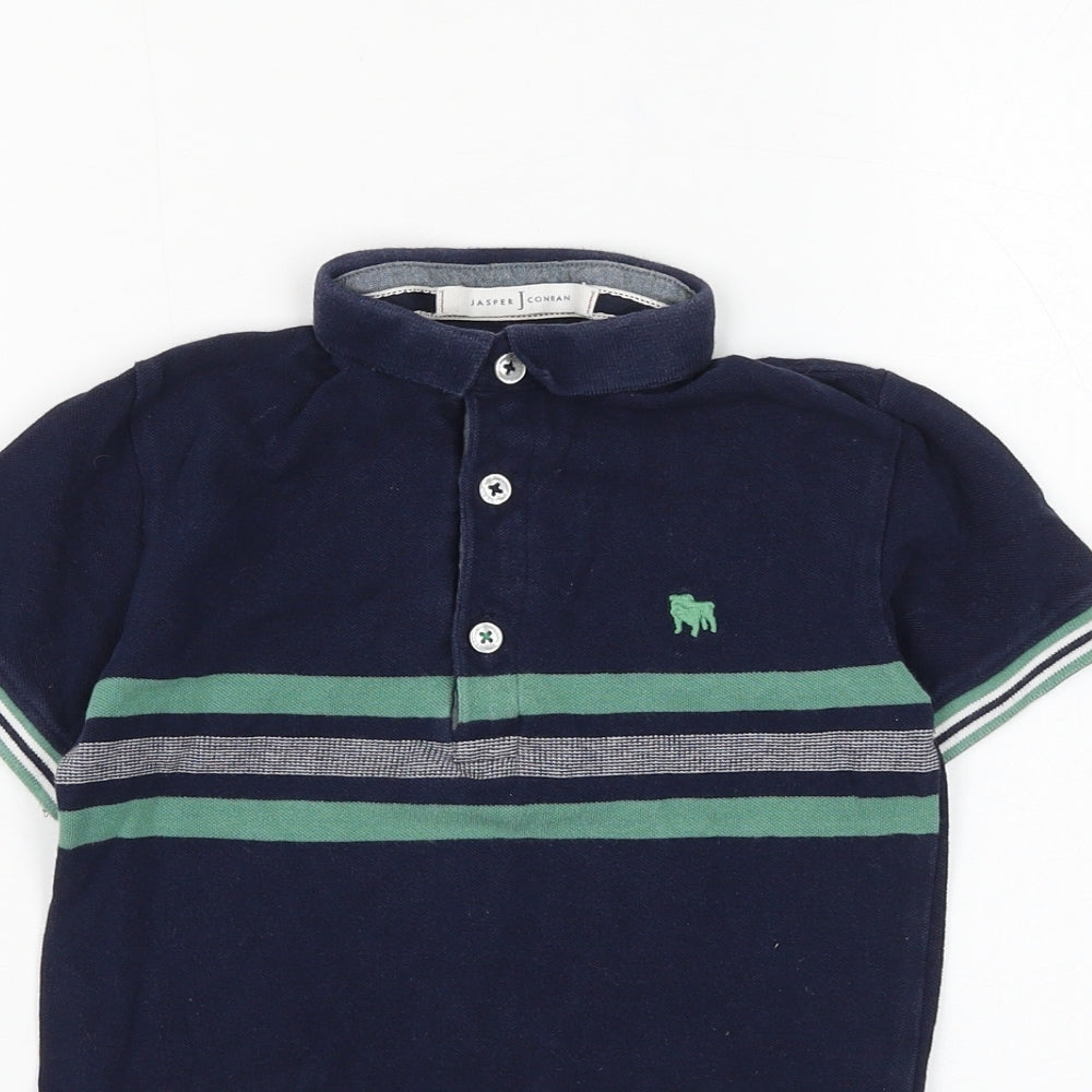 Jasper Conran Boys Blue Striped Cotton Basic Polo Size 6-7 Years Collared Button