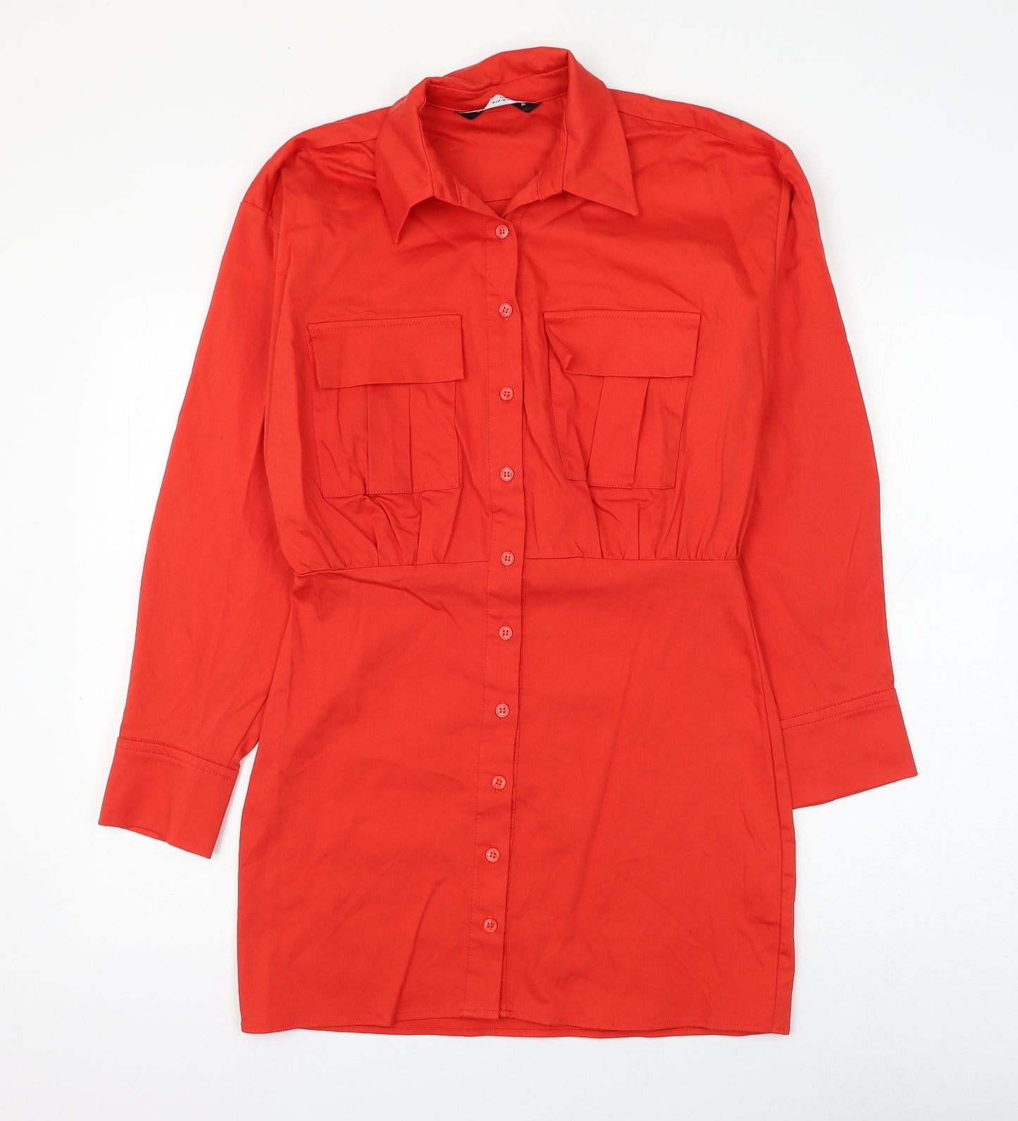 Zara Womens Red Cotton Shirt Dress Size M Collared Button