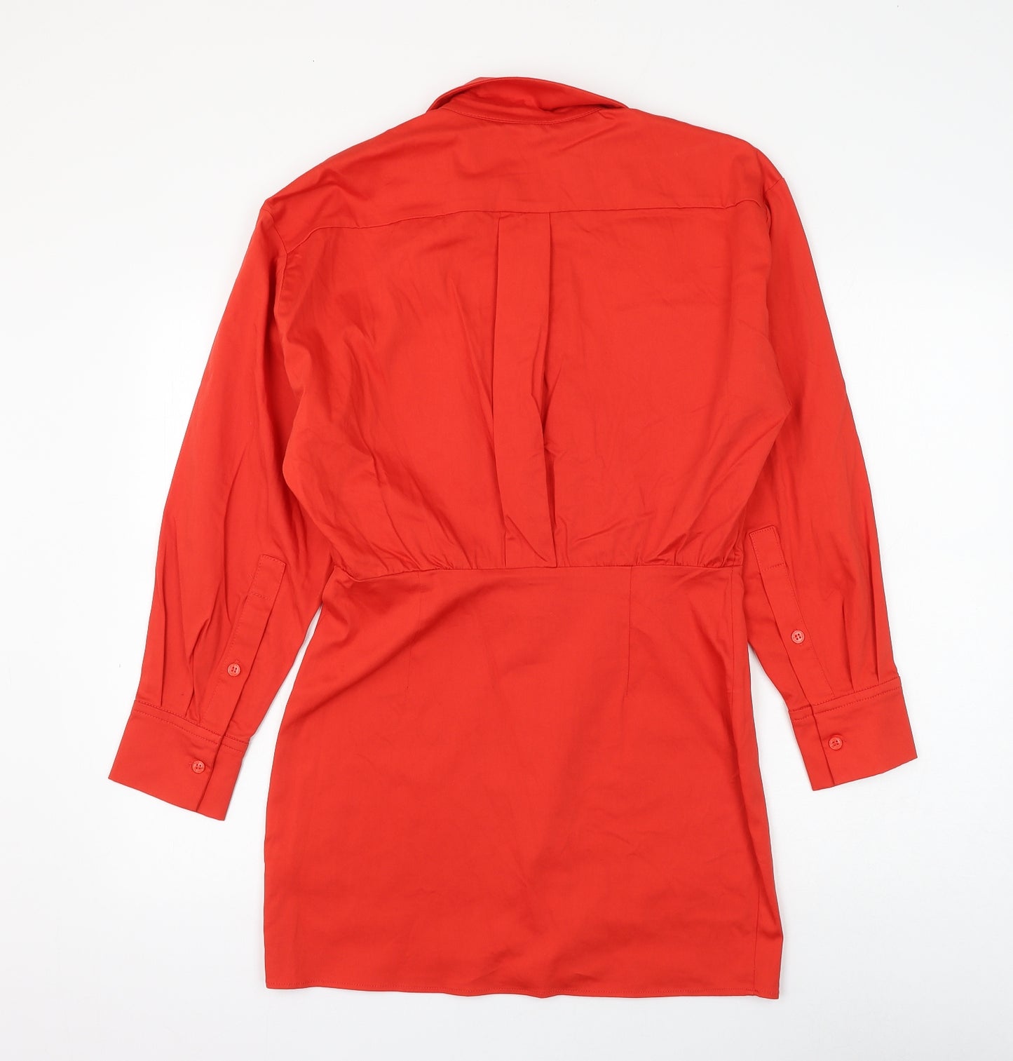 Zara Womens Red Cotton Shirt Dress Size M Collared Button