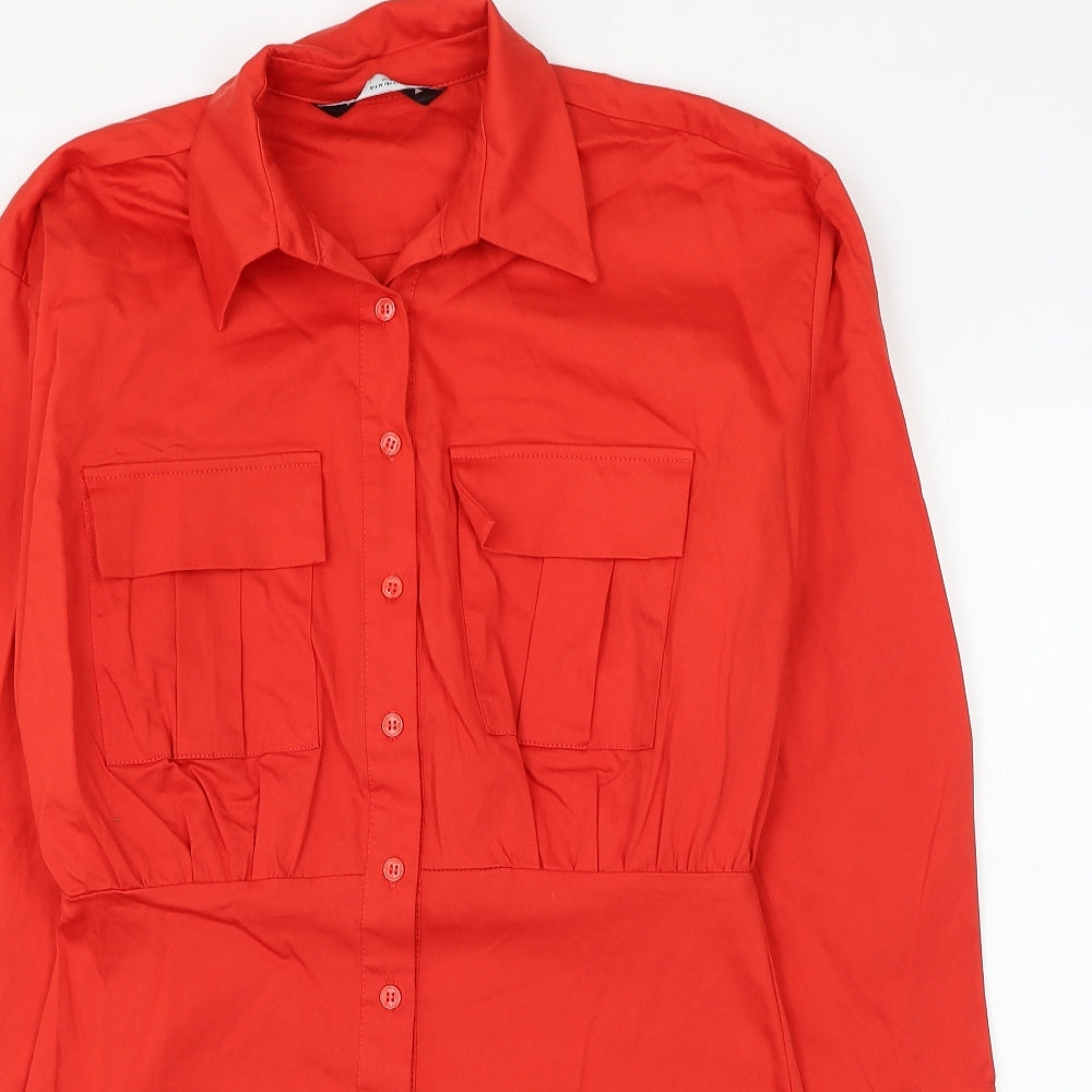 Zara Womens Red Cotton Shirt Dress Size M Collared Button
