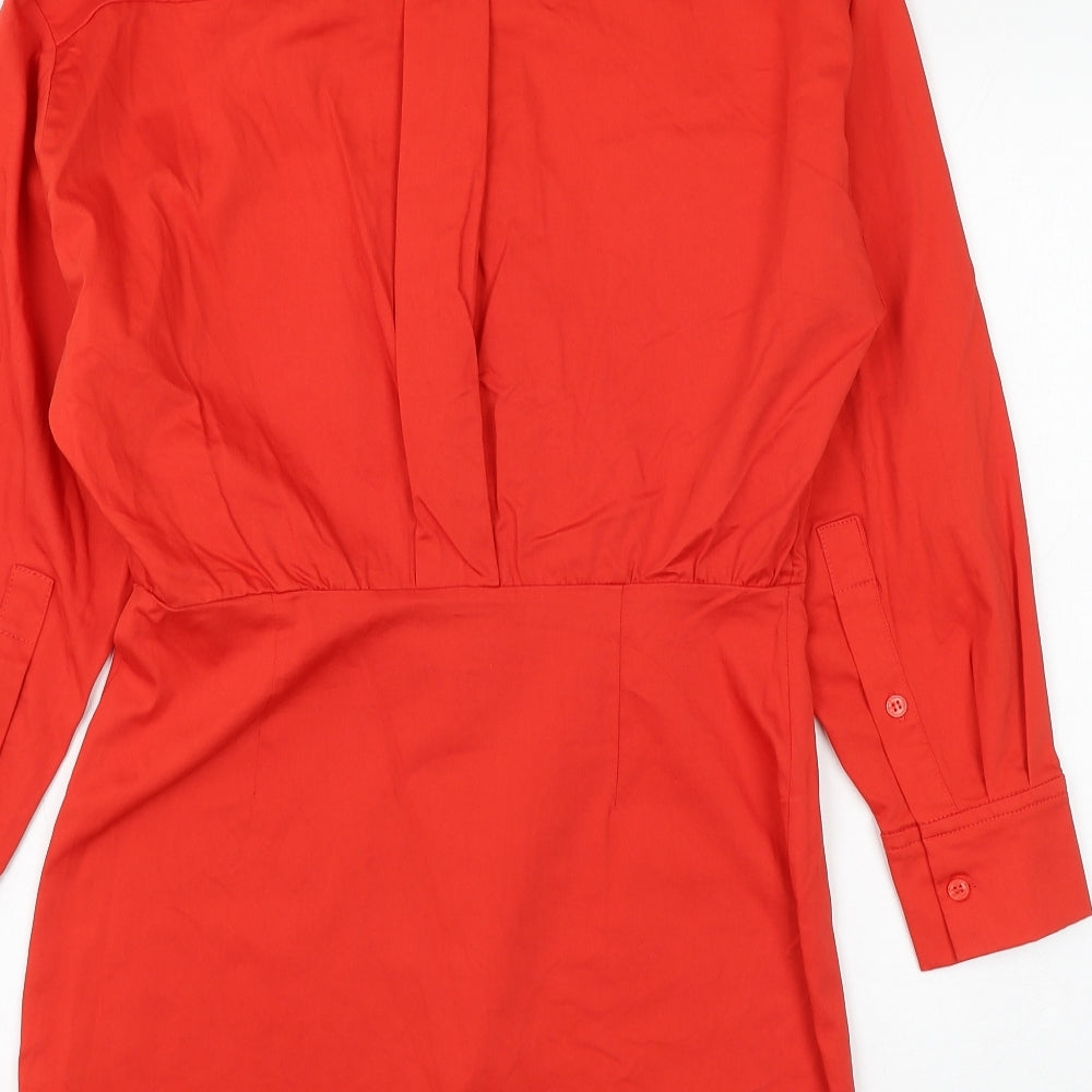 Zara Womens Red Cotton Shirt Dress Size M Collared Button