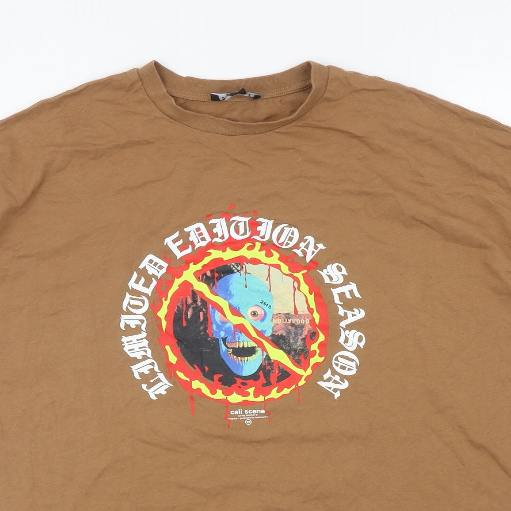 Boohoo Man Mens Brown Cotton T-Shirt Size M Round Neck - Limited Edition Season