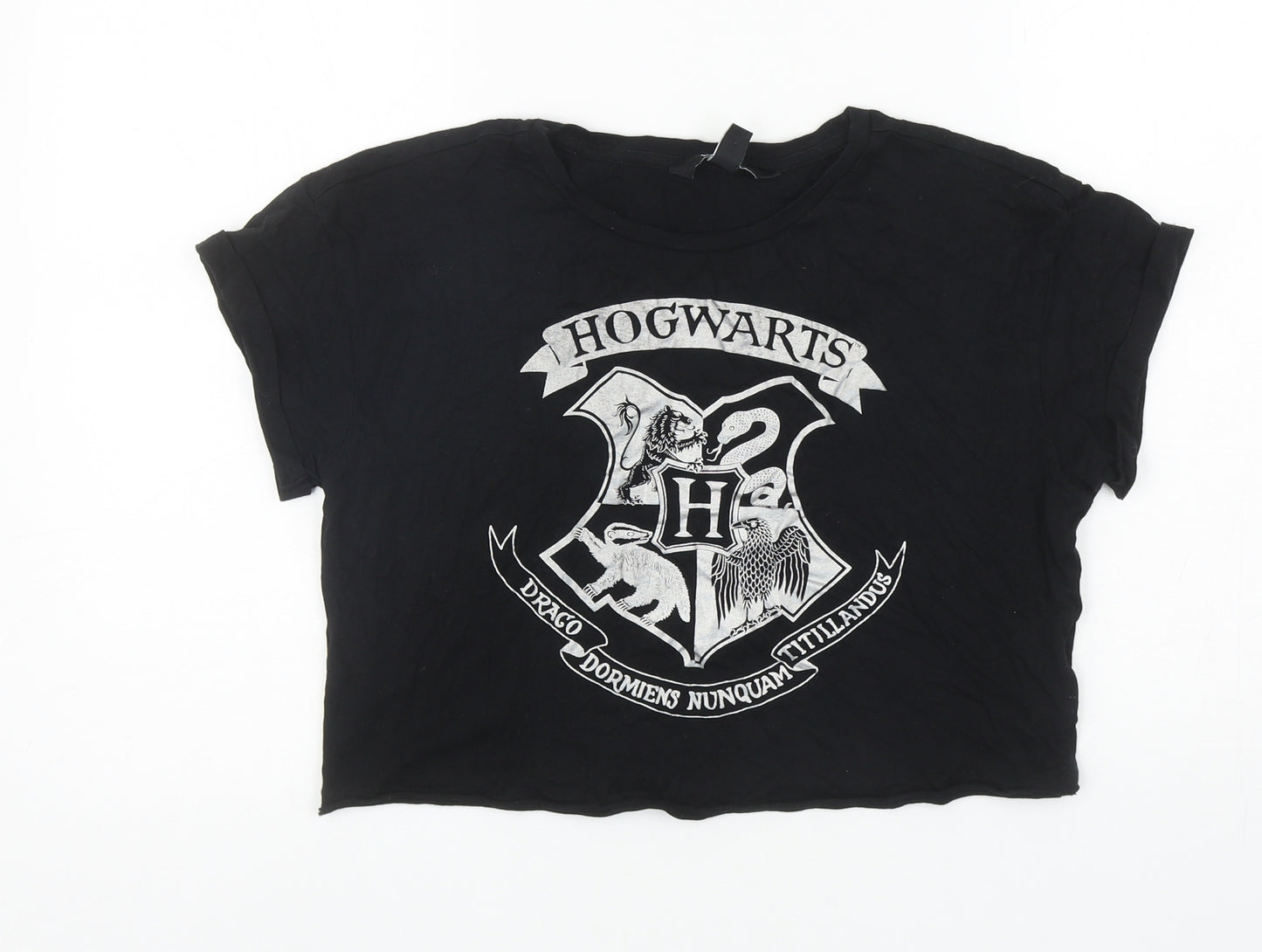 New Look Girls Black Polyester Cropped T-Shirt Size 14-15 Years Boat Neck Pullover - Hogwarts
