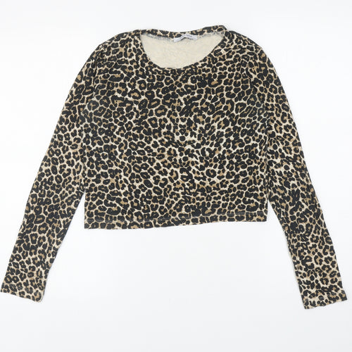 Zara Womens Brown Animal Print Viscose Cropped T-Shirt Size M Boat Neck - Leopard Print