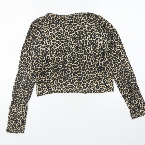 Zara Womens Brown Animal Print Viscose Cropped T-Shirt Size M Boat Neck - Leopard Print