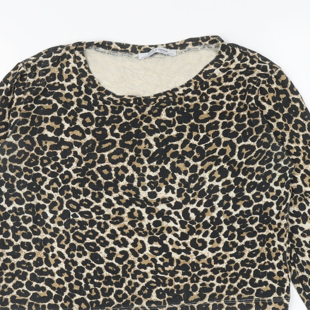 Zara Womens Brown Animal Print Viscose Cropped T-Shirt Size M Boat Neck - Leopard Print