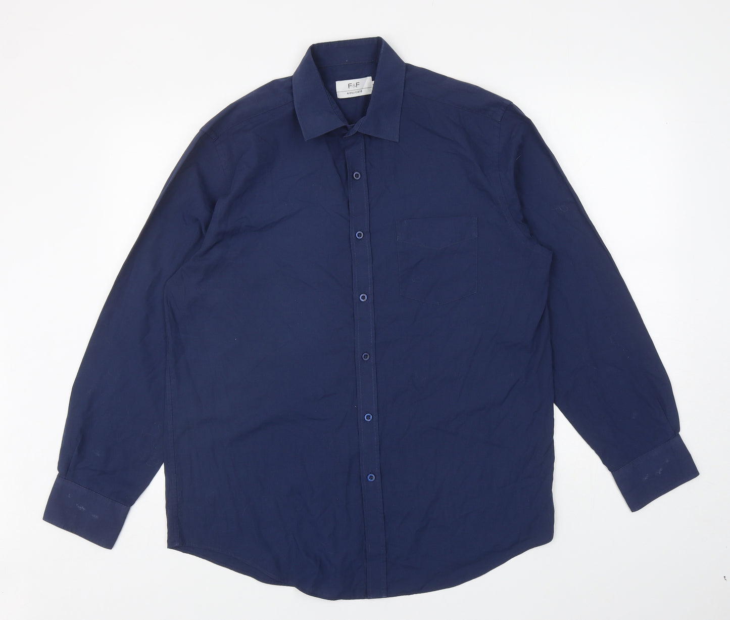 F&F Mens Blue Polyester Button-Up Size 42 Collared Button