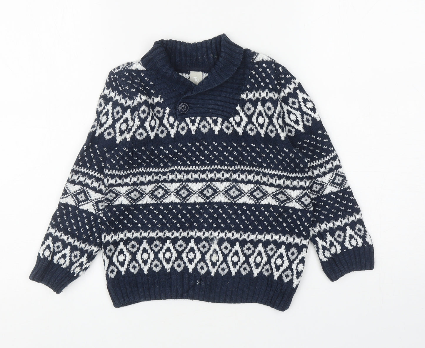TU Boys Blue Collared Fair Isle Cotton Henley Jumper Size 3-4 Years Button