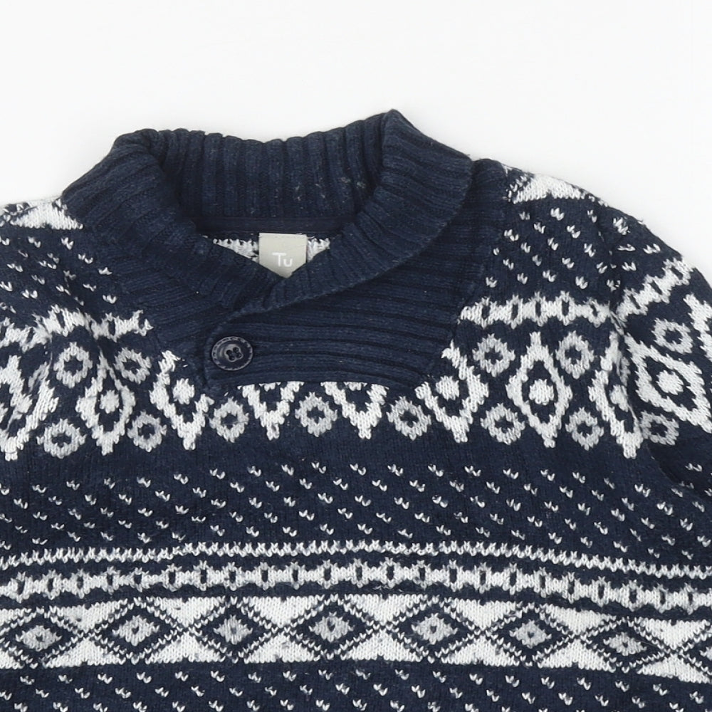 TU Boys Blue Collared Fair Isle Cotton Henley Jumper Size 3-4 Years Button