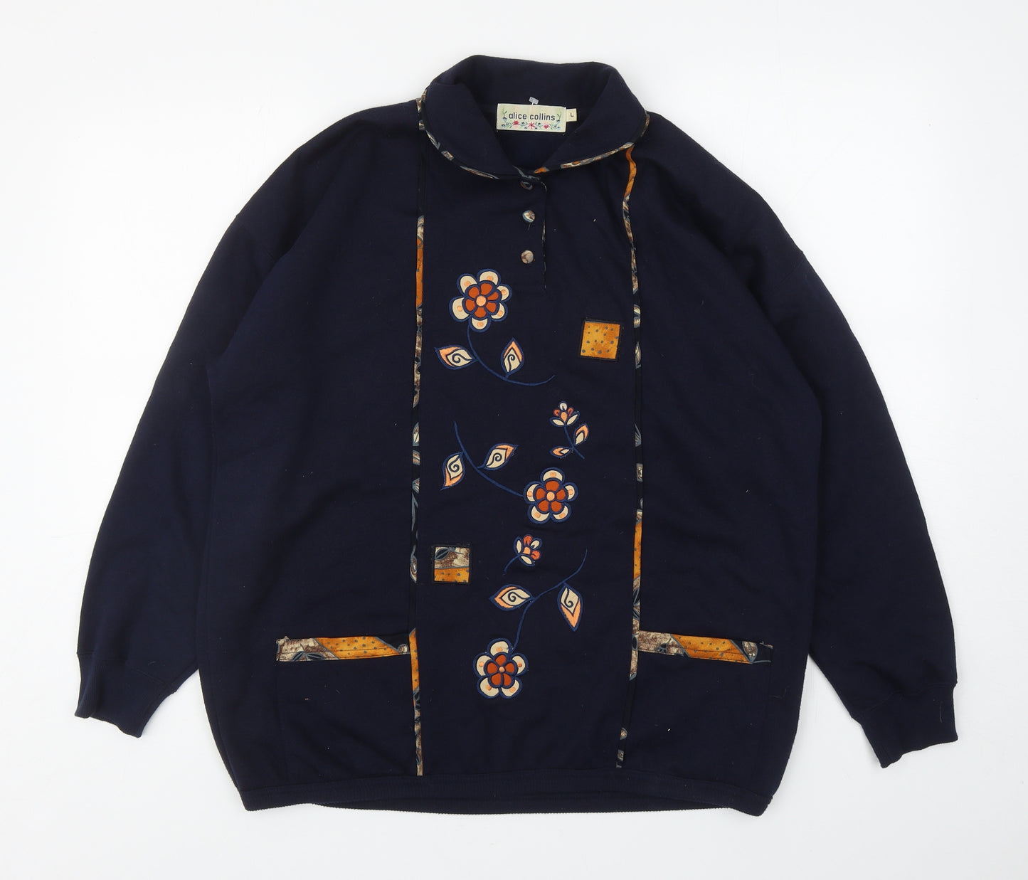 Alice Collins Womens Blue Cotton Pullover Sweatshirt Size L Button - Flowers