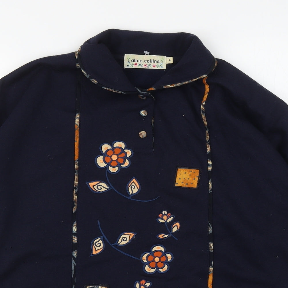 Alice Collins Womens Blue Cotton Pullover Sweatshirt Size L Button - Flowers