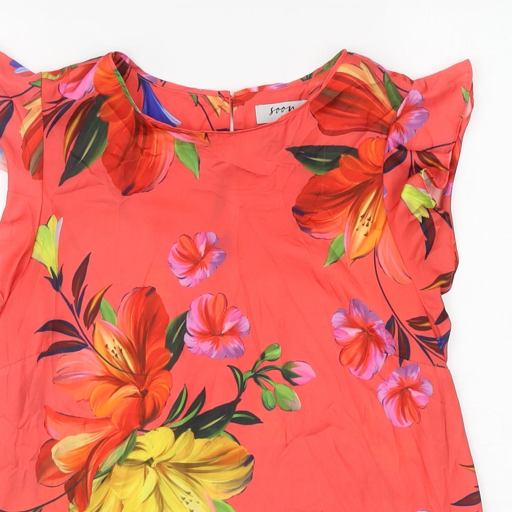 Matalan Womens Red Floral Polyester Basic T-Shirt Size 10 Round Neck