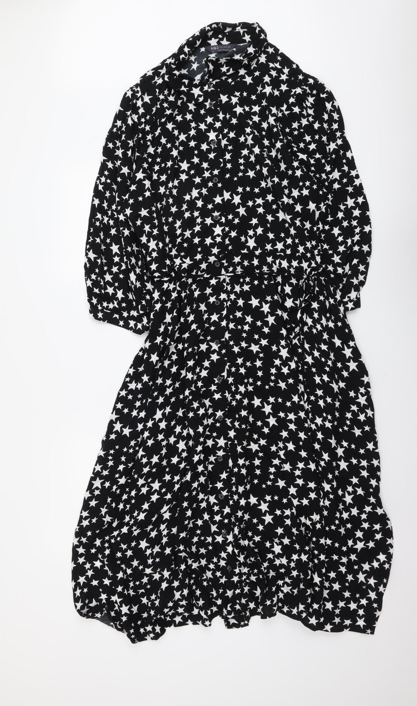Marks and Spencer Womens Black Geometric Viscose Shirt Dress Size 20 Collared Button - Star Print