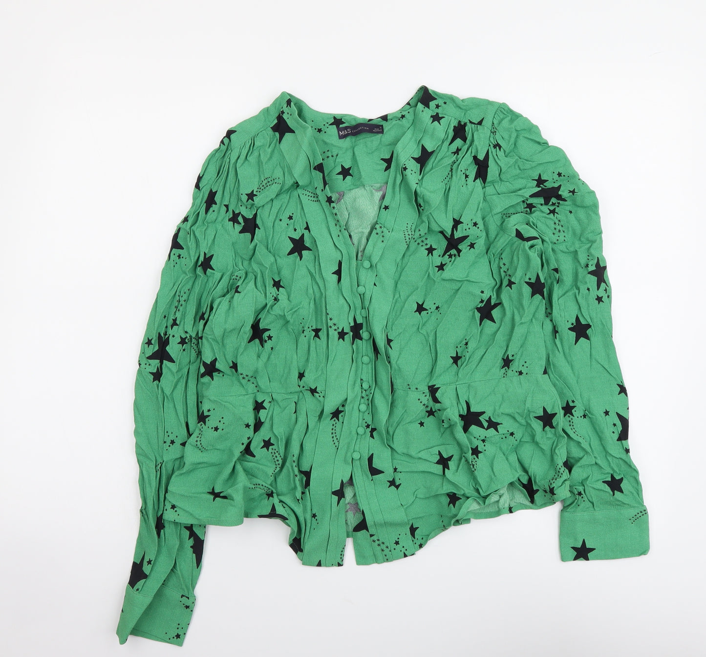 Marks and Spencer Womens Green Geometric Viscose Basic Button-Up Size 16 V-Neck - Stars pattern