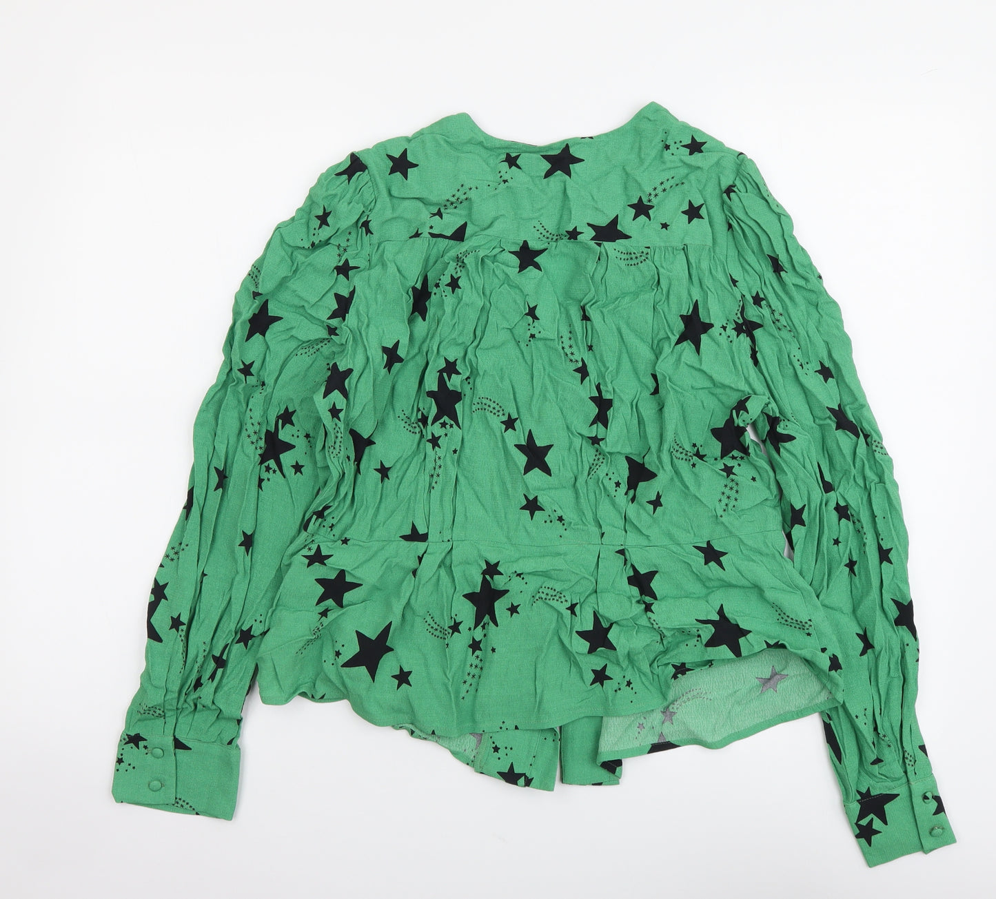Marks and Spencer Womens Green Geometric Viscose Basic Button-Up Size 16 V-Neck - Stars pattern