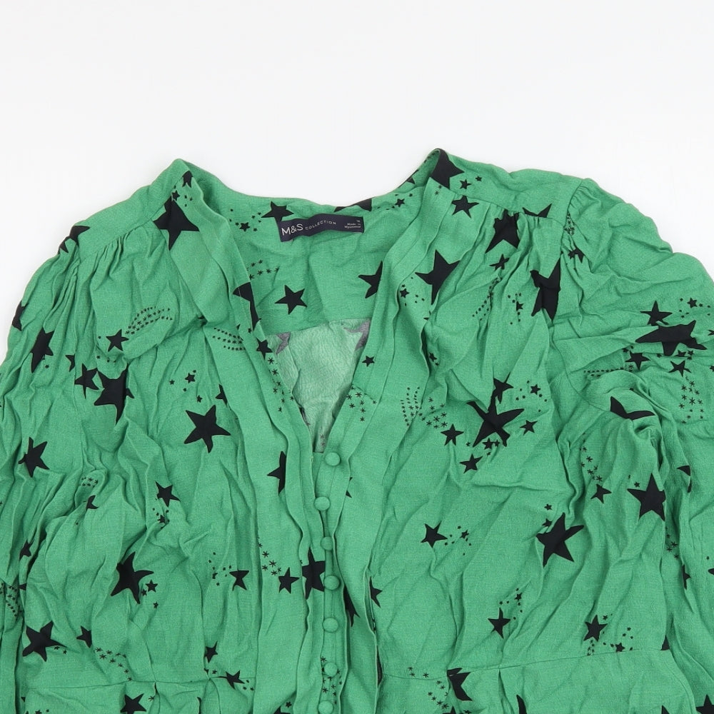 Marks and Spencer Womens Green Geometric Viscose Basic Button-Up Size 16 V-Neck - Stars pattern