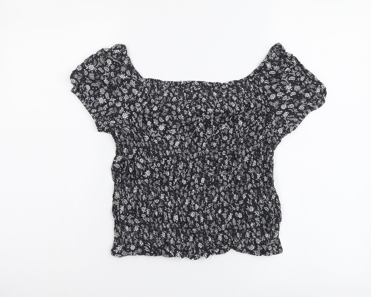 Marks and Spencer Girls Grey Floral Viscose Basic Blouse Size 9-10 Years Square Neck Pullover