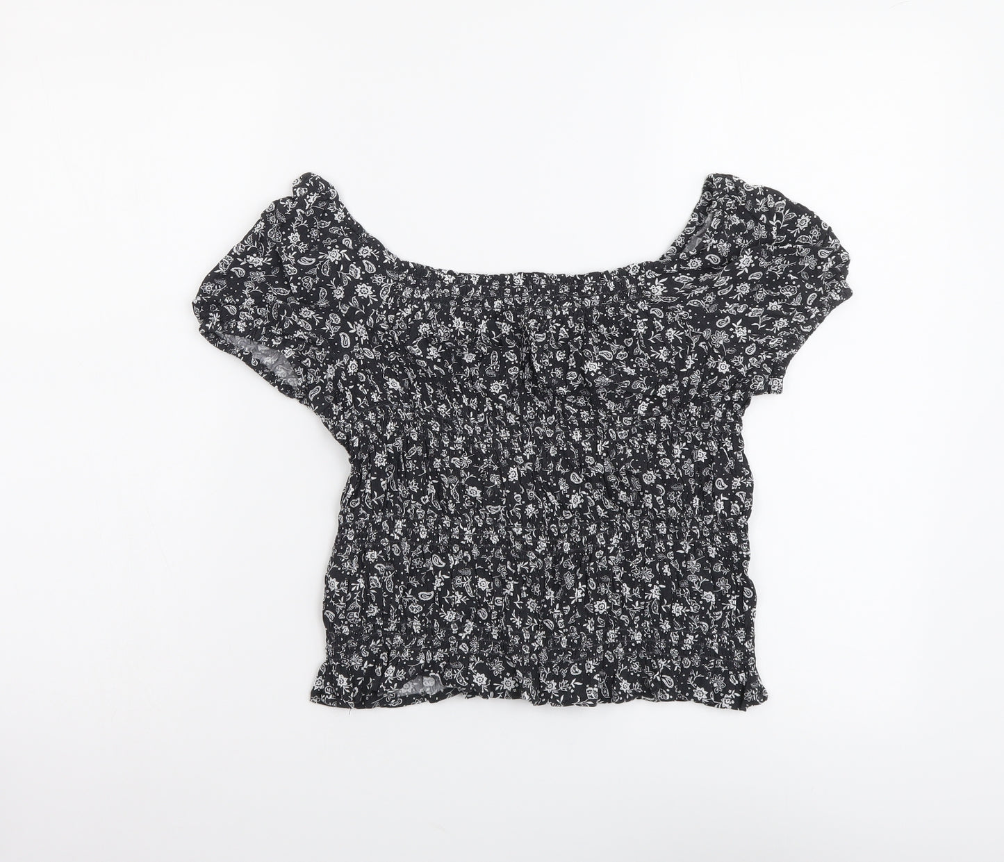 Marks and Spencer Girls Grey Floral Viscose Basic Blouse Size 9-10 Years Square Neck Pullover