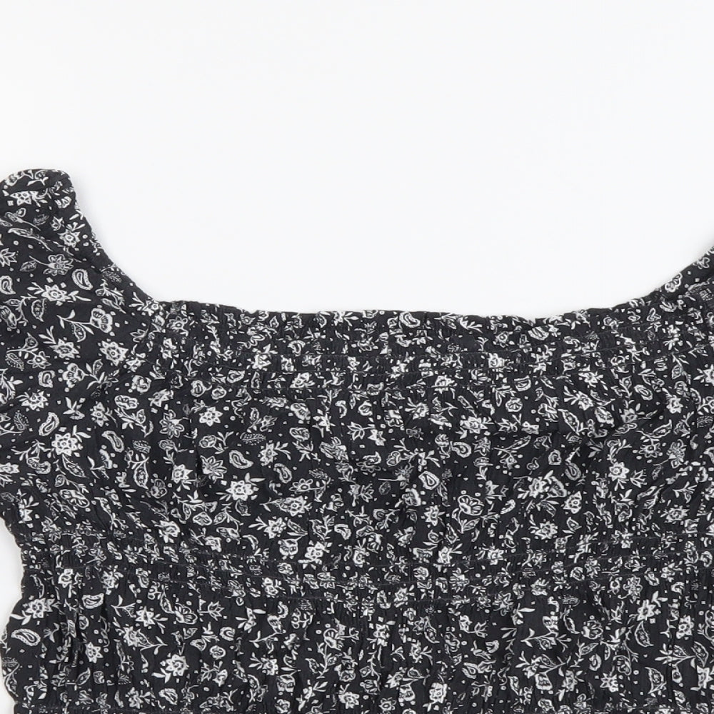 Marks and Spencer Girls Grey Floral Viscose Basic Blouse Size 9-10 Years Square Neck Pullover